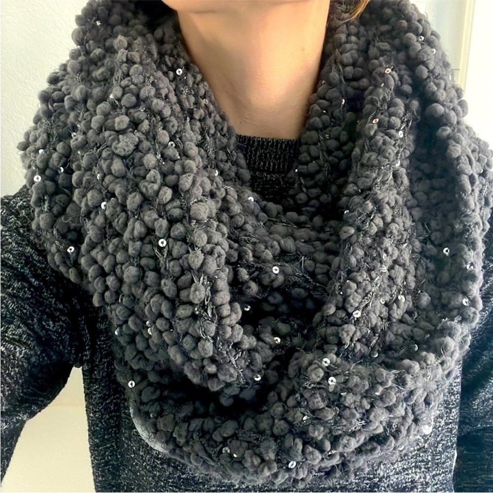 Anthropologie- Sequin Knit Infinity Scarf, Dark Grey